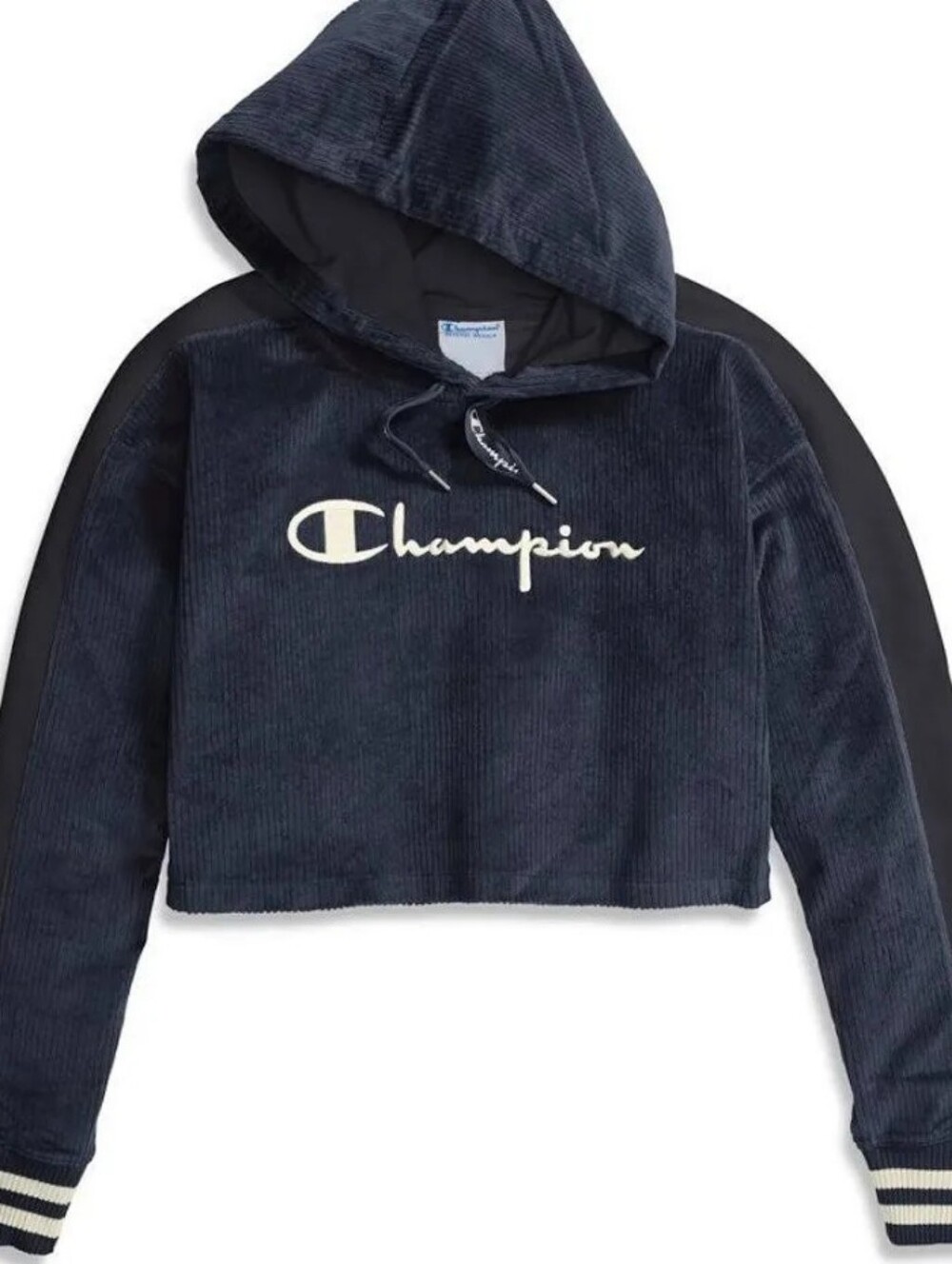 Champion Corduroy Cropped Hoodie Embroidery Logo Navy Women Medium Gorpcore